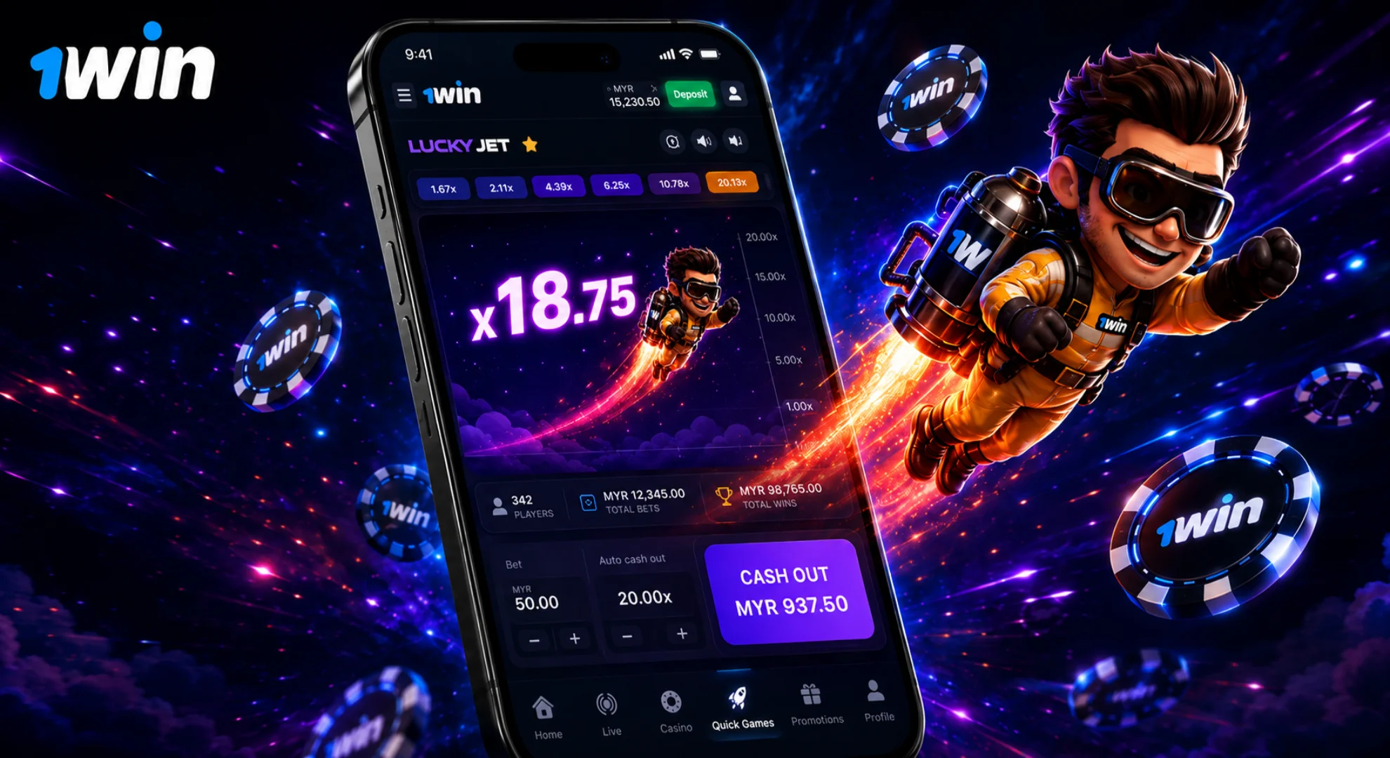 Play Lucky Jet crash game with Joe on 1win Malaysia