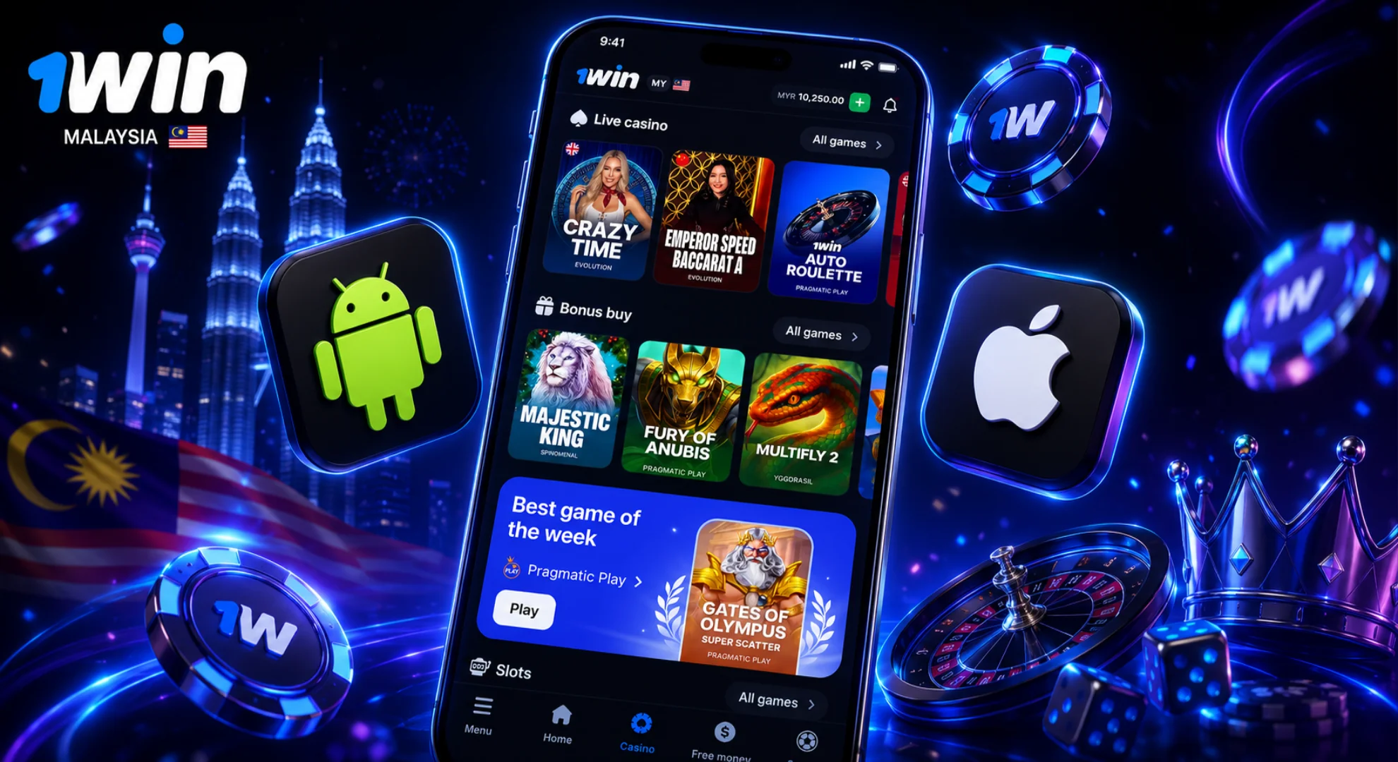 Download 1win Malaysia mobile app for online casino and slot games