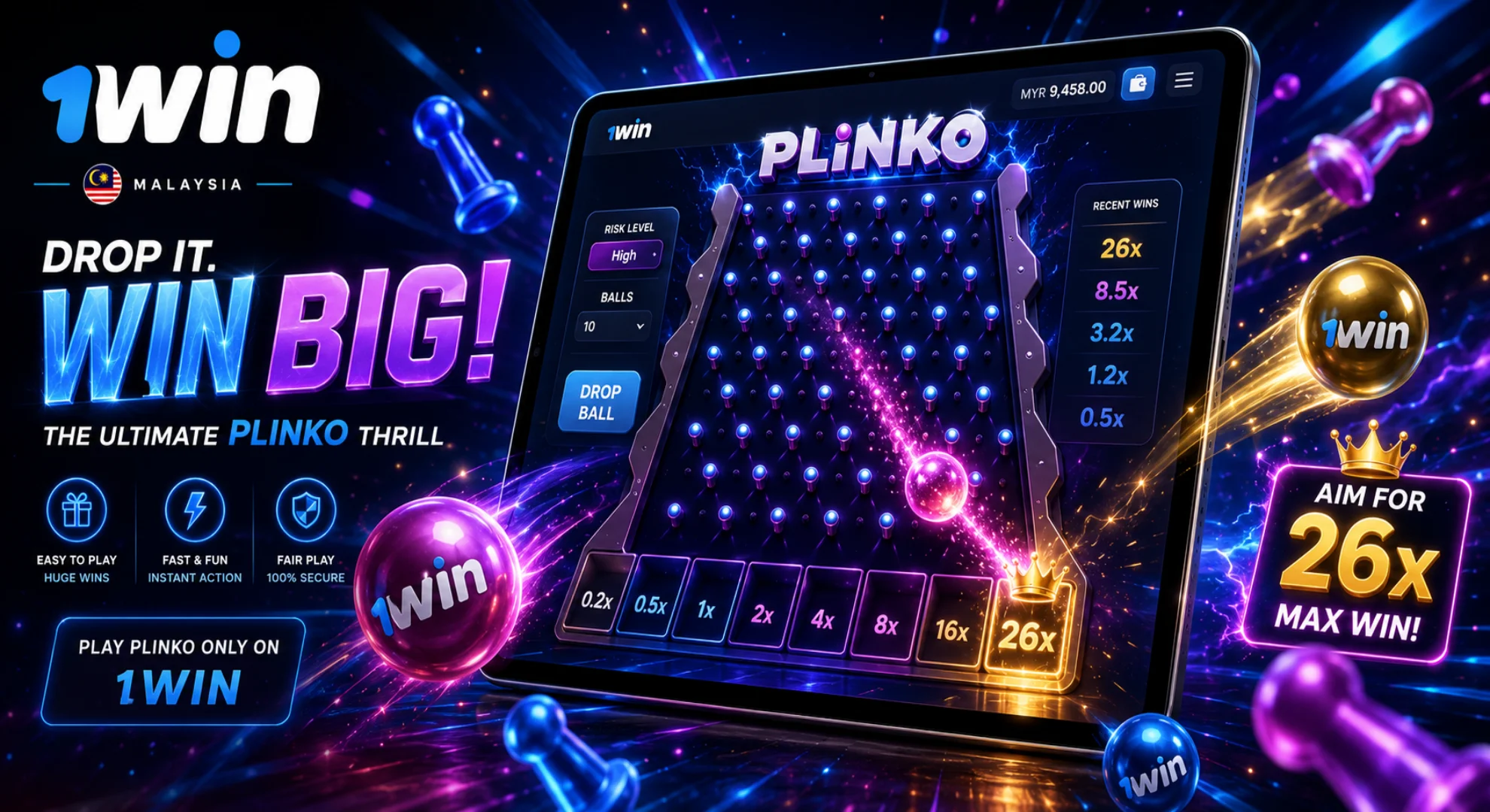 Play Plinko arcade casino game online on 1win Malaysia